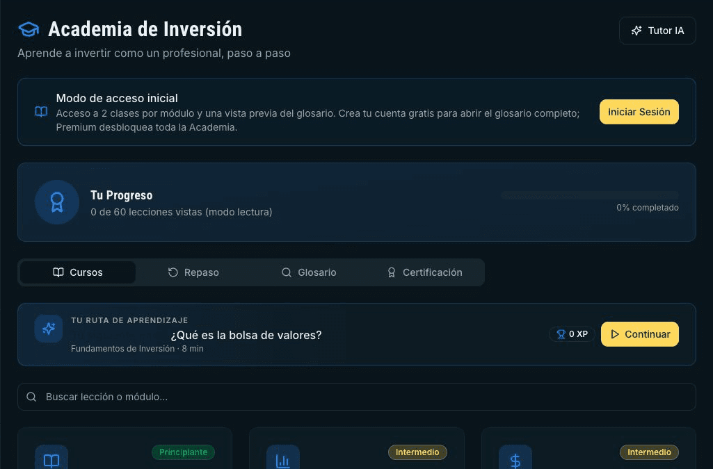 Pantalla real de Academia con progreso, cursos, repaso, glosario y certificación