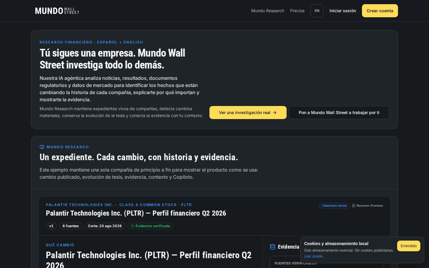 Captura real del panel público de la aplicación Mundo Wall Street