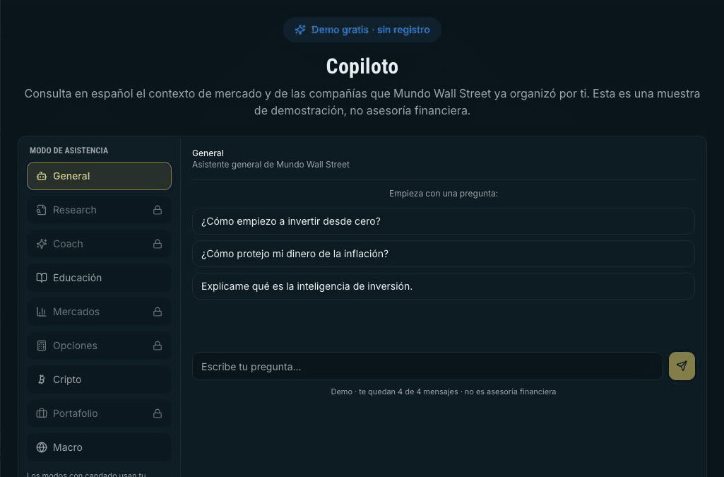 Pantalla real del Copiloto con modos de asistencia y preguntas sugeridas