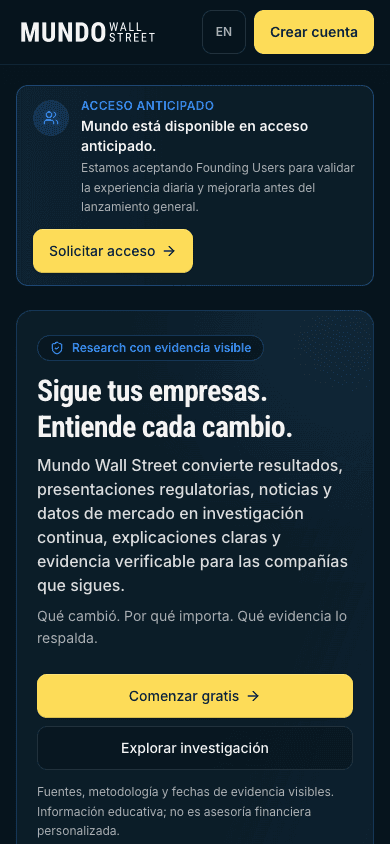 Pantalla pública real de Mundo Wall Street con Research y un pulso de mercado fechado