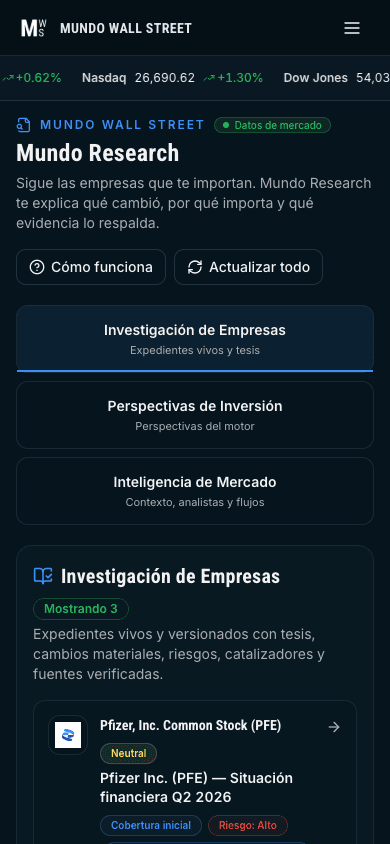 Pantalla real de Mundo Research con informes publicados, fuentes y fecha de corte